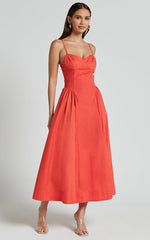 Carla Midi Dress - Strappy Sweetheart Fit and Flare Dress in Scarlet