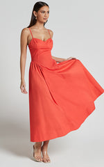 Carla Midi Dress - Strappy Sweetheart Fit and Flare Dress in Scarlet