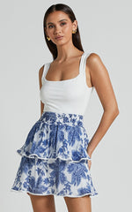 Liana Mini Skirt - High Elastic Waist Tiered Skirt in White and Blue Floral