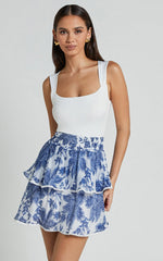 Liana Mini Skirt - High Elastic Waist Tiered Skirt in White and Blue Floral