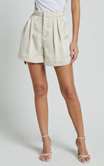 Percy Shorts - High Waist Pleated Satin Shorts in Oyster