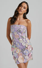 Wren Mini Dress - Strapless Bodycon Garden Flowers Dress in Lilac