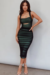 Move Maker Cut-Out Ruched Midi Dress Green/Black