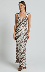 Mauriel Midi Dress - Deep V Gathered Bust Slip Dress in Beige and Chocolate