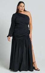 Grittah Maxi Dress - One Shoulder Bishop Sleeve High Split Ruched Dress in Black