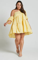 Harleen Mini Dress - Linen Asymmetrical Trim Puff Sleeve Dress in Lemon