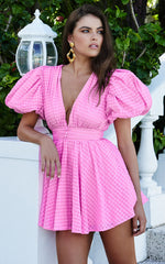Xandy Mini Dress - Textured Puff Sleeve Plunge Dress in Pink