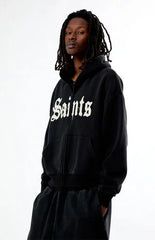 Pacsun Saints Raw Applique Cropped Full Zip Hoodie