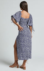 Rosario Midi Dress - Ruched Bust Puff Sleeve Dress in Blue Floral