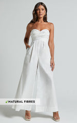 Velia Jumpsuit - Strapless Ruched Bodice Wide Leg Jumpsuit in White