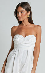 Velia Jumpsuit - Strapless Ruched Bodice Wide Leg Jumpsuit in White