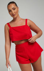 Zanrie Two Piece Set - Linen Square Neck Crop Top and High Waist Mini Flare Shorts Set in Red