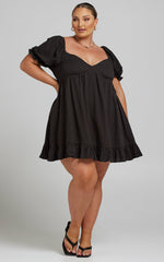 Levana Mini Dress - Empire Waist Puff Sleeve Dress in Black