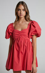 Vashti Mini Dress - Puff Sleeve Sweetheart Dress in Red