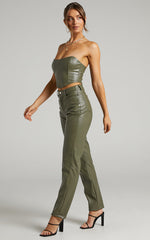 Dilyenne Pant - Mid Waist Straight Leg Faux Leather Pant in Olive