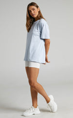 Prizza Top - Longline Boyfriend Tee Top in Washed Blue
