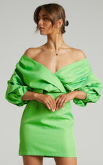 Anastasija Mini Dress - Off Shoulder V Neck Dress in Apple Green