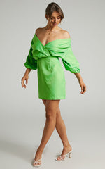 Anastasija Mini Dress - Off Shoulder V Neck Dress in Apple Green