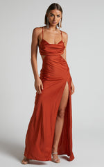 Sophie Maxi Dress - Cowl Neck Cross Back Dress in Copper Rust