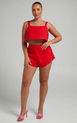 Zanrie Two Piece Set - Linen Square Neck Crop Top and High Waist Mini Flare Shorts Set in Red
