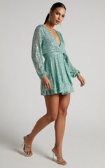 Three Of Us Mini Dress - Long Sleeve Wrap Dress in Turquoise Sequin