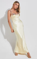 Harmony Maxi Dress - Floral Detail Cup Bust Satin Dress in Lemon