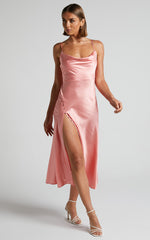 Flordeliza Midi Dress - Cowl Neck Thigh Slit Slip Dress in Peach