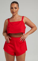 Zanrie Two Piece Set - Linen Square Neck Crop Top and High Waist Mini Flare Shorts Set in Red