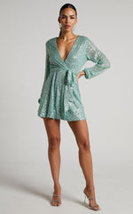Three Of Us Mini Dress - Long Sleeve Wrap Dress in Turquoise Sequin