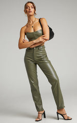 Dilyenne Pant - Mid Waist Straight Leg Faux Leather Pant in Olive