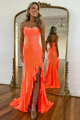 Sparkly Orange Mermaid Prom Dress with Strapless Bodice Lace Up Closure and Beaded Slit