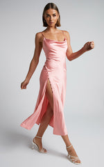 Flordeliza Midi Dress - Cowl Neck Thigh Slit Slip Dress in Peach