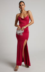 Tasteful Maxi Dress - Cowl Neck Bodycon Thigh Split Dress in Berry