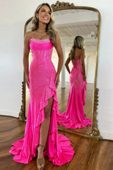 Sparkly Orange Mermaid Prom Dress with Strapless Bodice Lace Up Closure and Beaded Slit