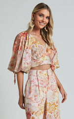 Amalie The Label - Nazila Linen Blend Balloon Sleeve Crop Top in Morocco Print