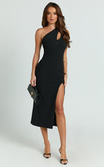Adriene Midi Dress - One Shoulder Cut Out Bodycon Dress in Black