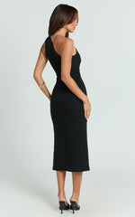 Adriene Midi Dress - One Shoulder Cut Out Bodycon Dress in Black