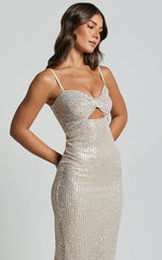 Agatha Midi Dress - Sequin Twist Front Cut Out Dress in Gold