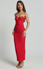 Alberta Midi Dress- Strapless bust detail textured dress in Red