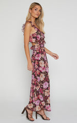 Alessa Midi Dress - V Neck Frill Detail Empire Waist Back Cut Out Dress in Wine Floral