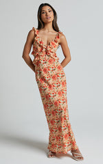 Alessa Midi Dress - V Neck Frill Detail Empire Waist Back Cut Out Dress in Peach Floral
