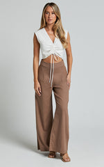 Alina Pants - Linen High Waisted Wide Leg Relaxed Pants in Mocha