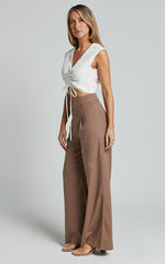 Alina Pants - Linen High Waisted Wide Leg Relaxed Pants in Mocha