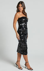 Aliona Midi Dress - Strapless Bodycon Sequin Dress in Black