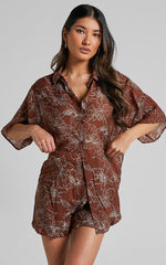 Alofi Top - Collared Button Through Short Sleeve Blouse in Brown Floral
