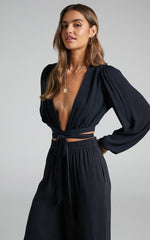 Amaina Top - Plunge Long Sleeve Wrap Top in Black