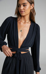 Amaina Top - Plunge Long Sleeve Wrap Top in Black