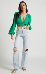 Amaina Top - Plunge Long Sleeve Wrap Top in Green