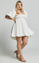 Amalie The Label - Hamyya Linen Tie Back Puff Sleeve Mini Linen Dress in White