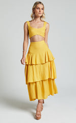 Amalie The Label - Kaleigh Linen Blend Bralette and Tiered Maxi Skirt Two Piece Set in Yellow